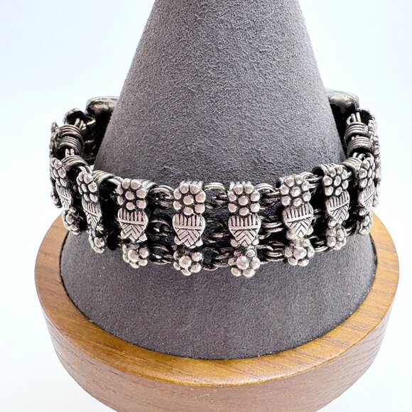 VTG Sterling Silver 925 Heart Flower Design Vintage Link Bracelet Hook Clasp 8" - Picture 1 of 9